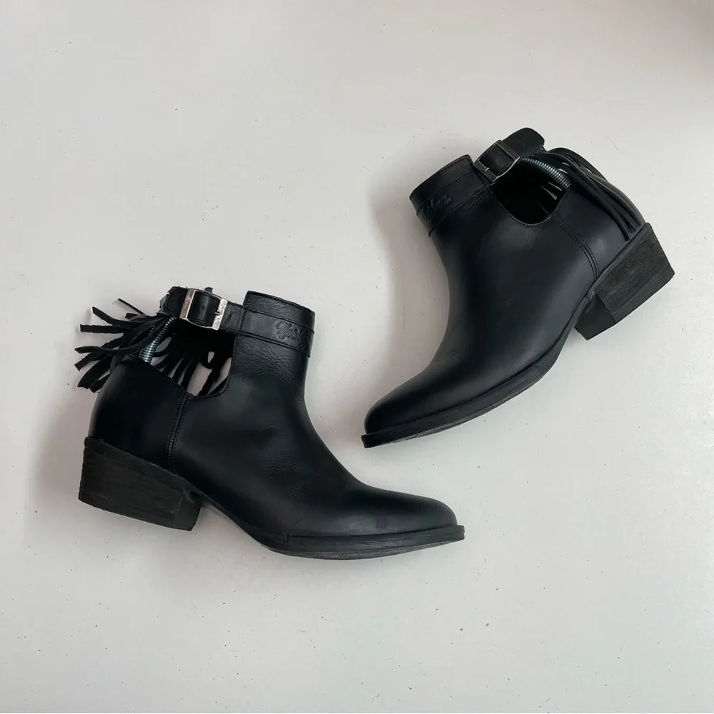 Harley Davidson Boots Amory Heeled Leather Ankle Fringe Buckle Braided Black - Picture 15 of 16